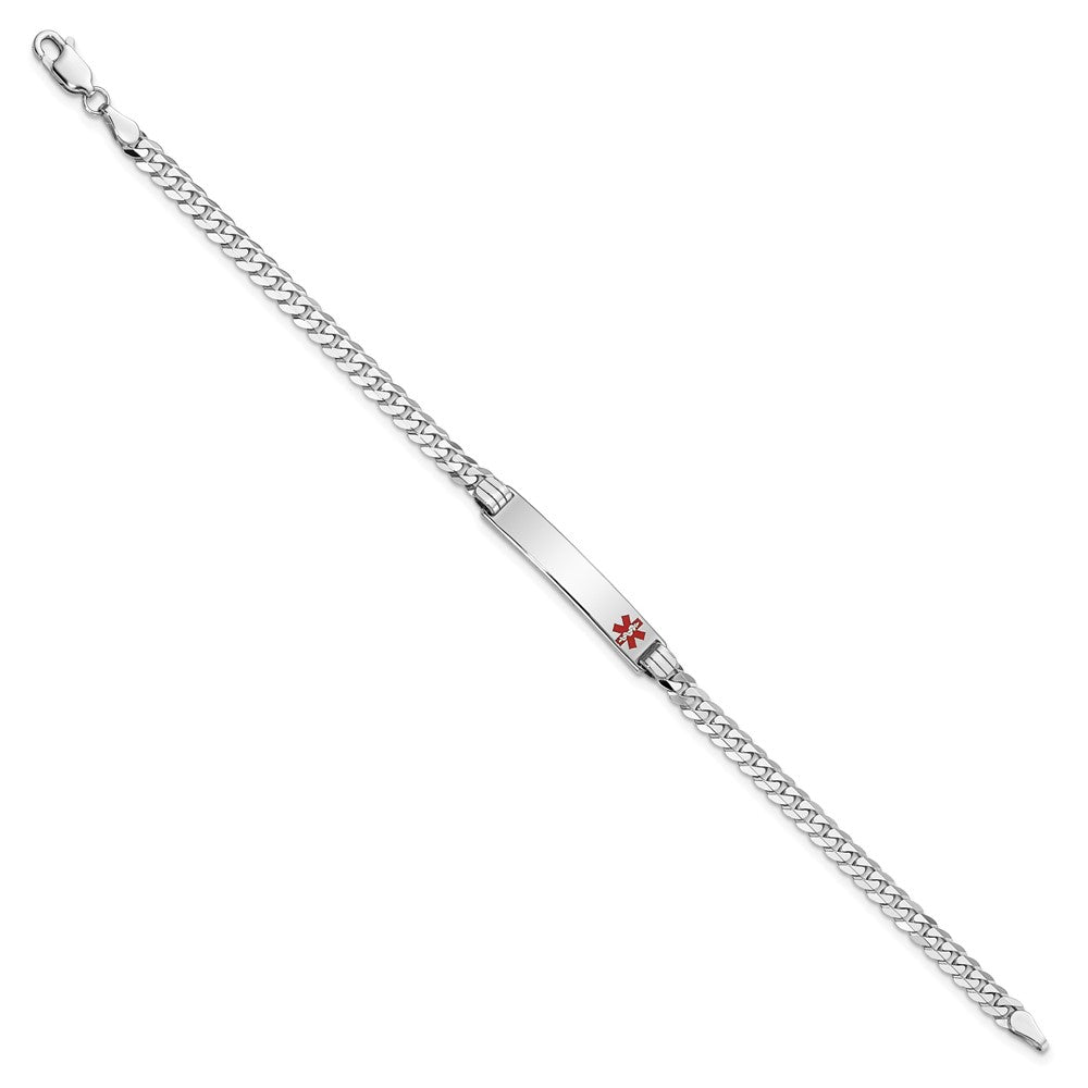 Solid 14K White Gold Medical Red Enamel Flat Curb Link ID Bracelet