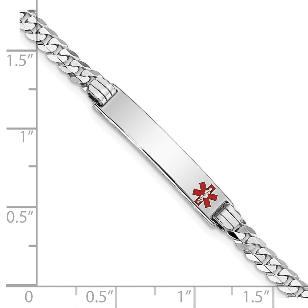 Solid 14K White Gold Medical Red Enamel Flat Curb Link ID Bracelet