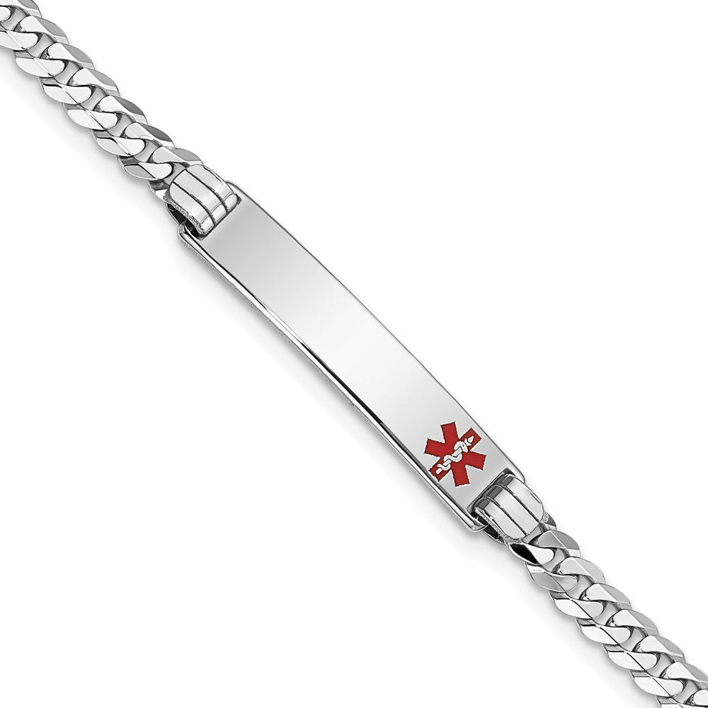 Solid 14K White Gold Medical Red Enamel Flat Curb Link ID Bracelet