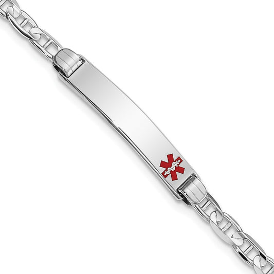 Solid 14K White Gold Medical Red Enamel Anchor Link ID Bracelet