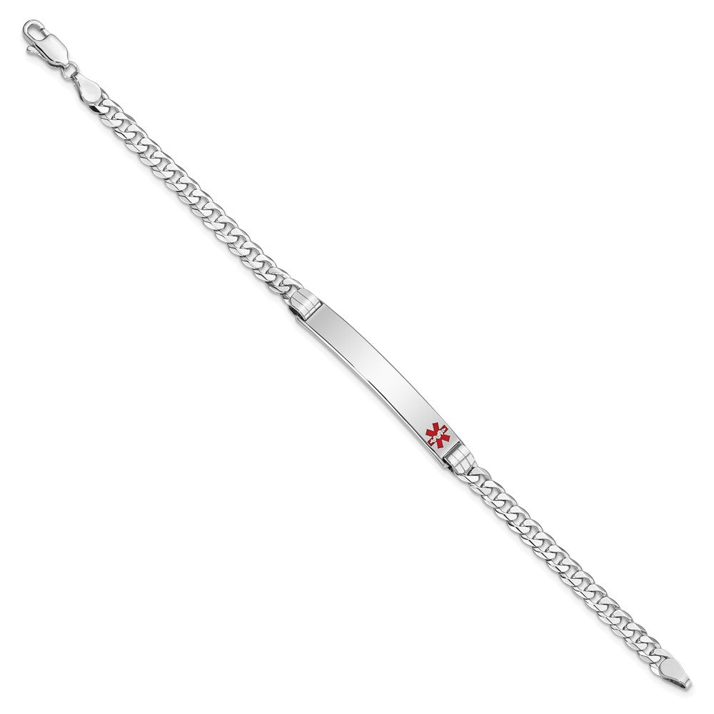 Solid 14K White Gold Medical Red Enamel Flat Curb Link ID Bracelet