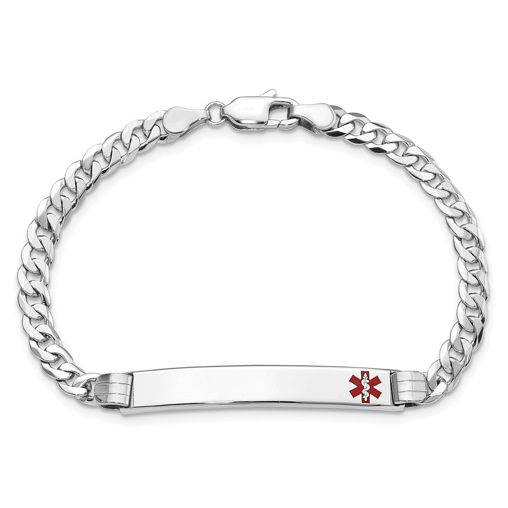 Solid 14K White Gold Medical Red Enamel Flat Curb Link ID Bracelet