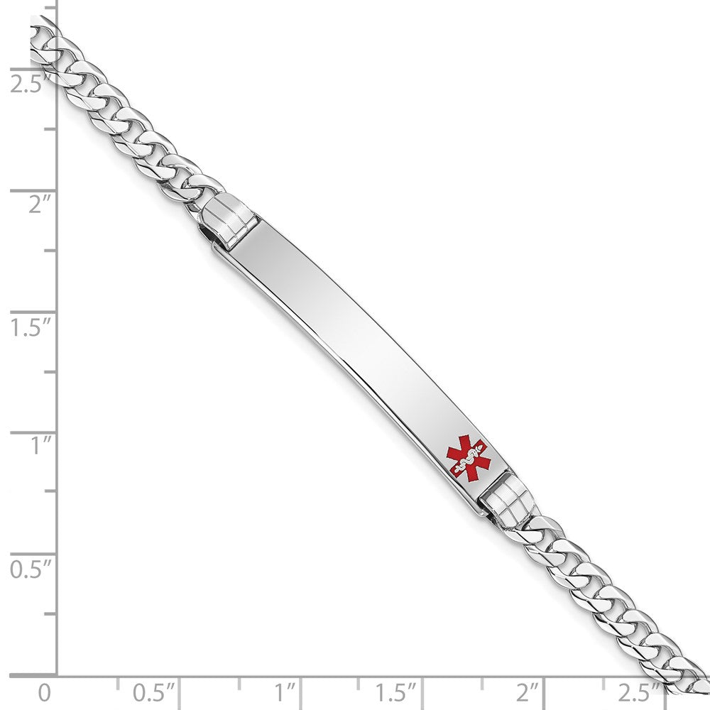 Solid 14K White Gold Medical Red Enamel Flat Curb Link ID Bracelet