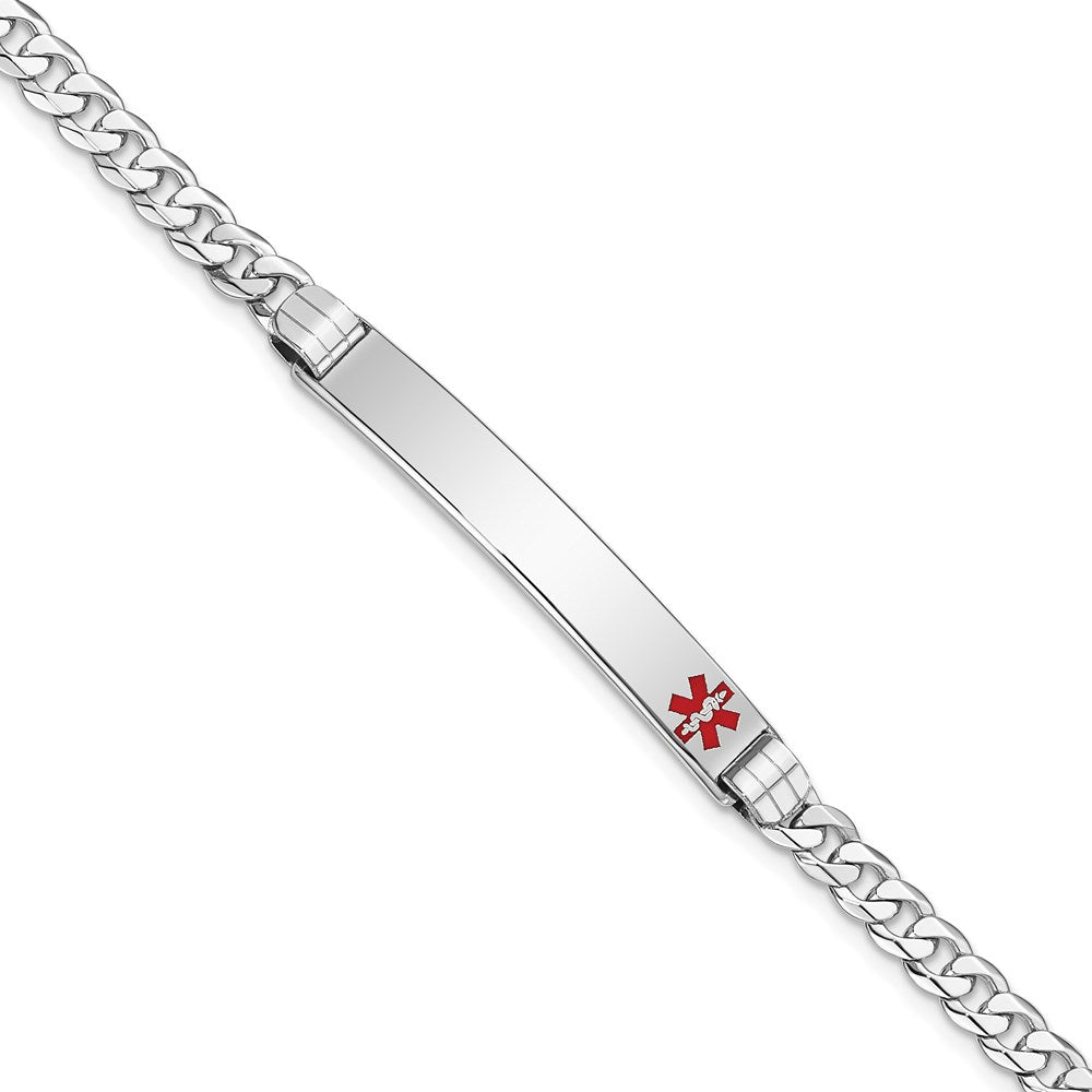 Solid 14K White Gold Medical Red Enamel Flat Curb Link ID Bracelet