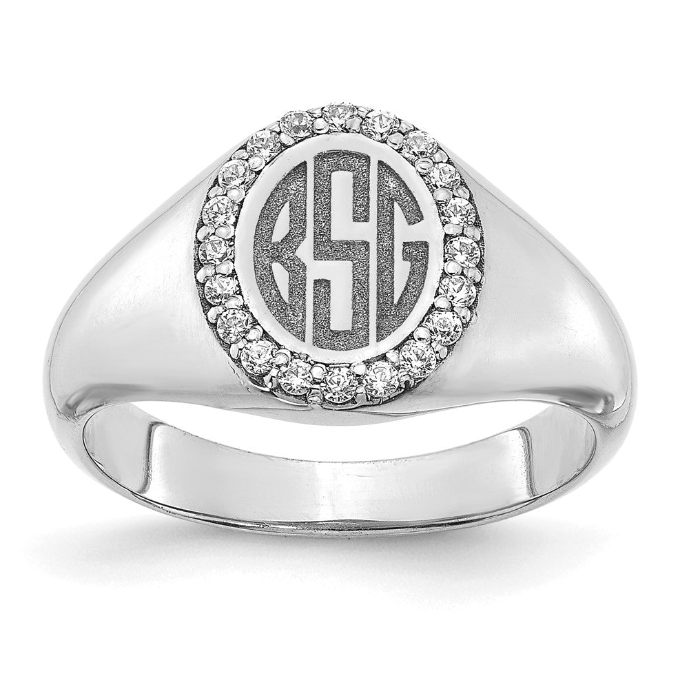 14K White Gold Large Real Diamond Oval Classic Monogram Signet Ring