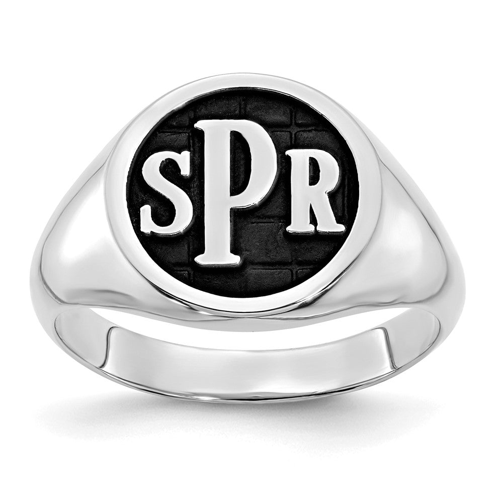 14K White Gold Polished with Antiqued Background Monogram Signet Ring