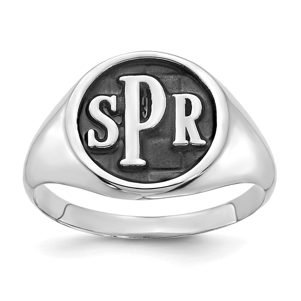 14K White Gold Polished with Antiqued Background Monogram Signet Ring