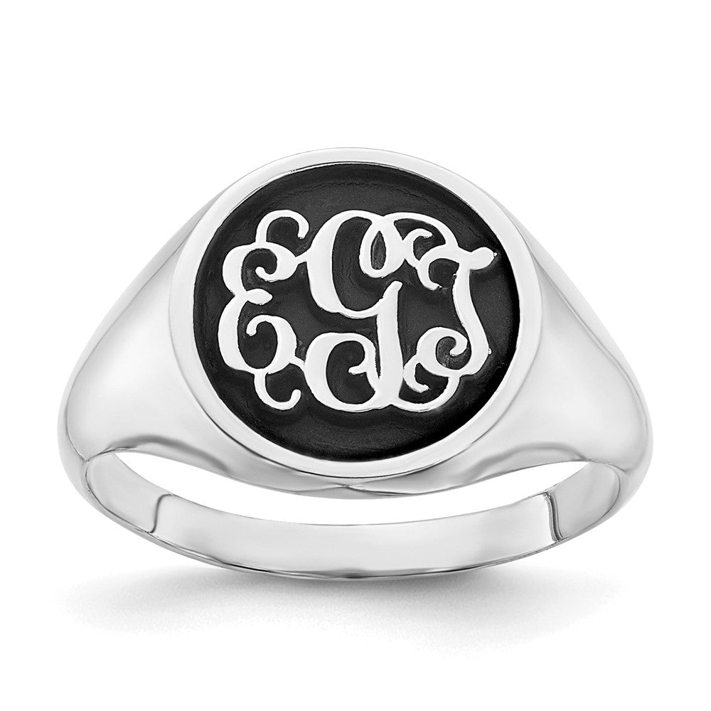 14K White Gold Polished with Antiqued Background Monogram Ring