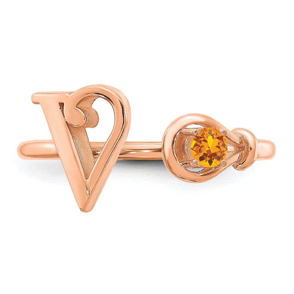 14K Rose Gold Letter V with Birthstone Ring