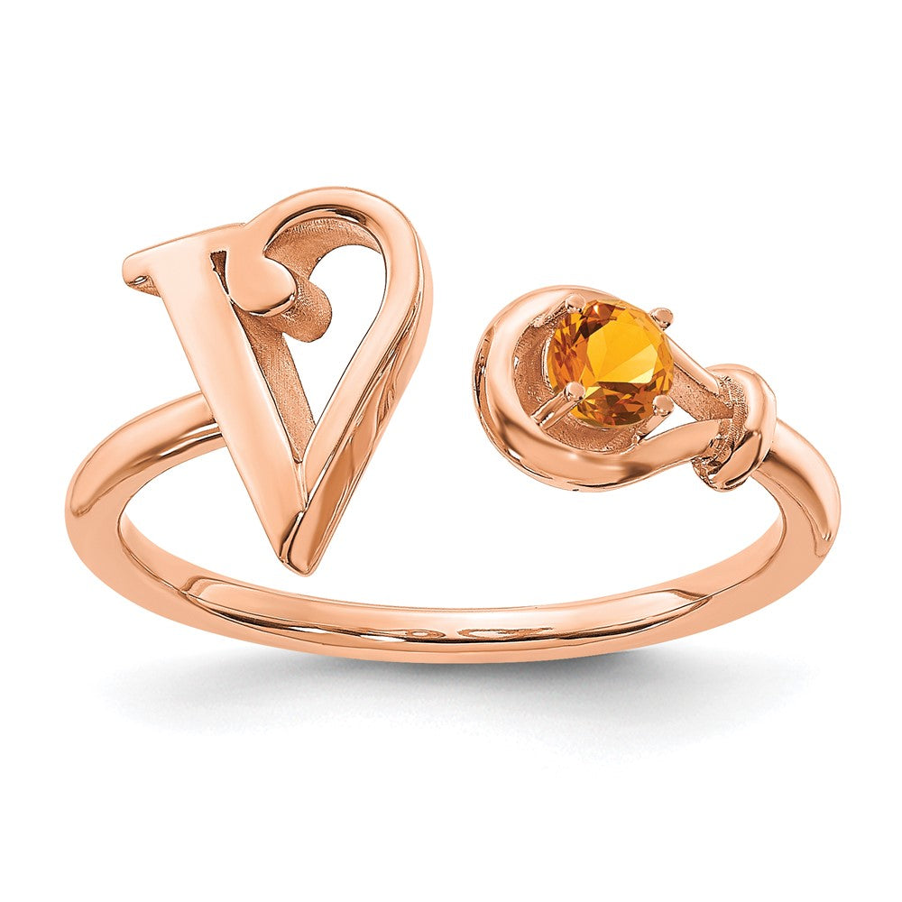 14K Rose Gold Letter V with Birthstone Ring