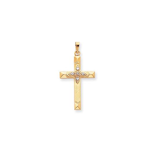 14K Yellow Gold AA Real Diamond Latin Hollow Cross Pendant