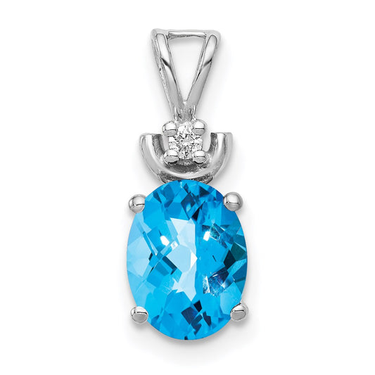 14k White Gold 8x6mm Oval Blue Topaz Checker VS Diamond Pendant