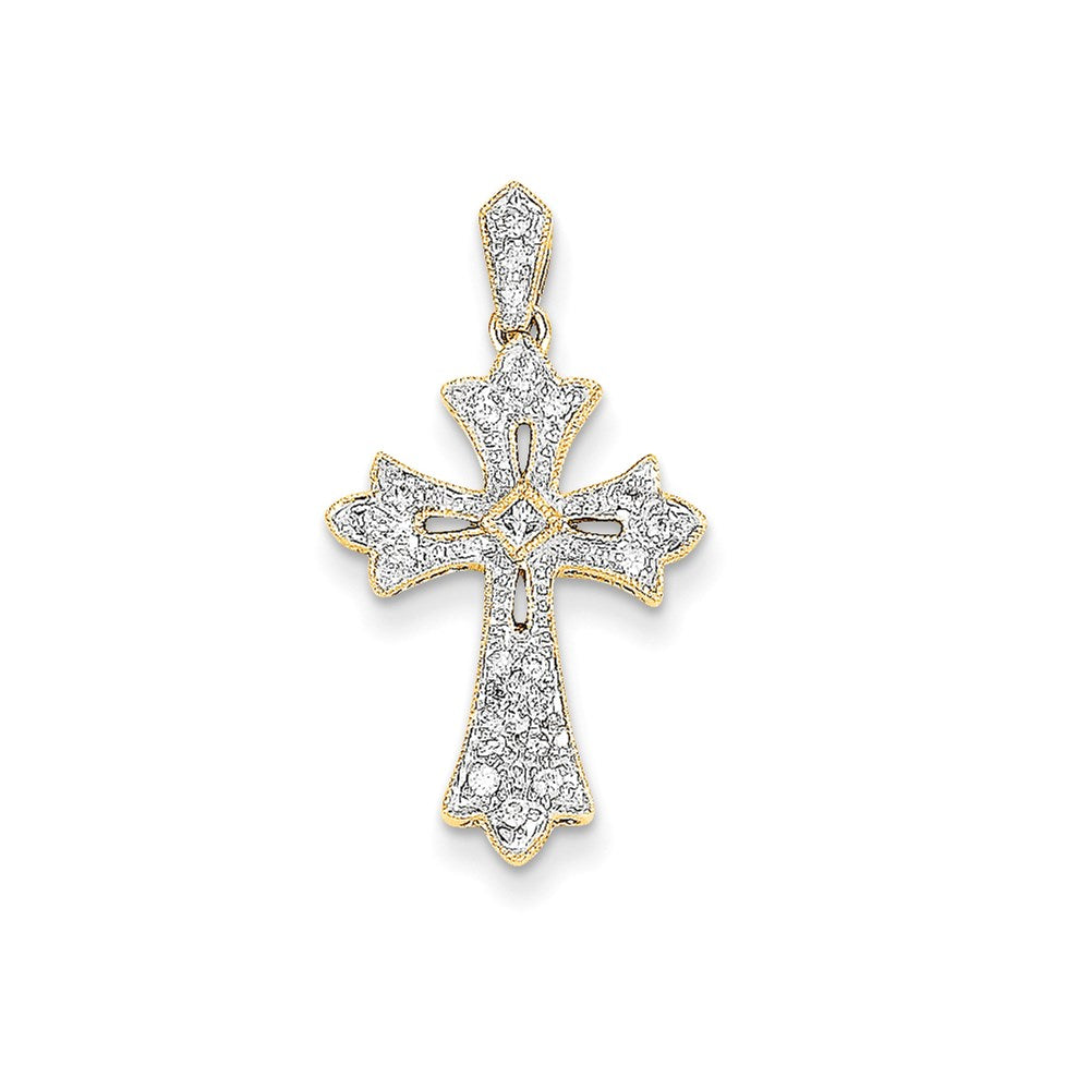 14K Yellow Gold Filigree Real Diamond Cross Pendant