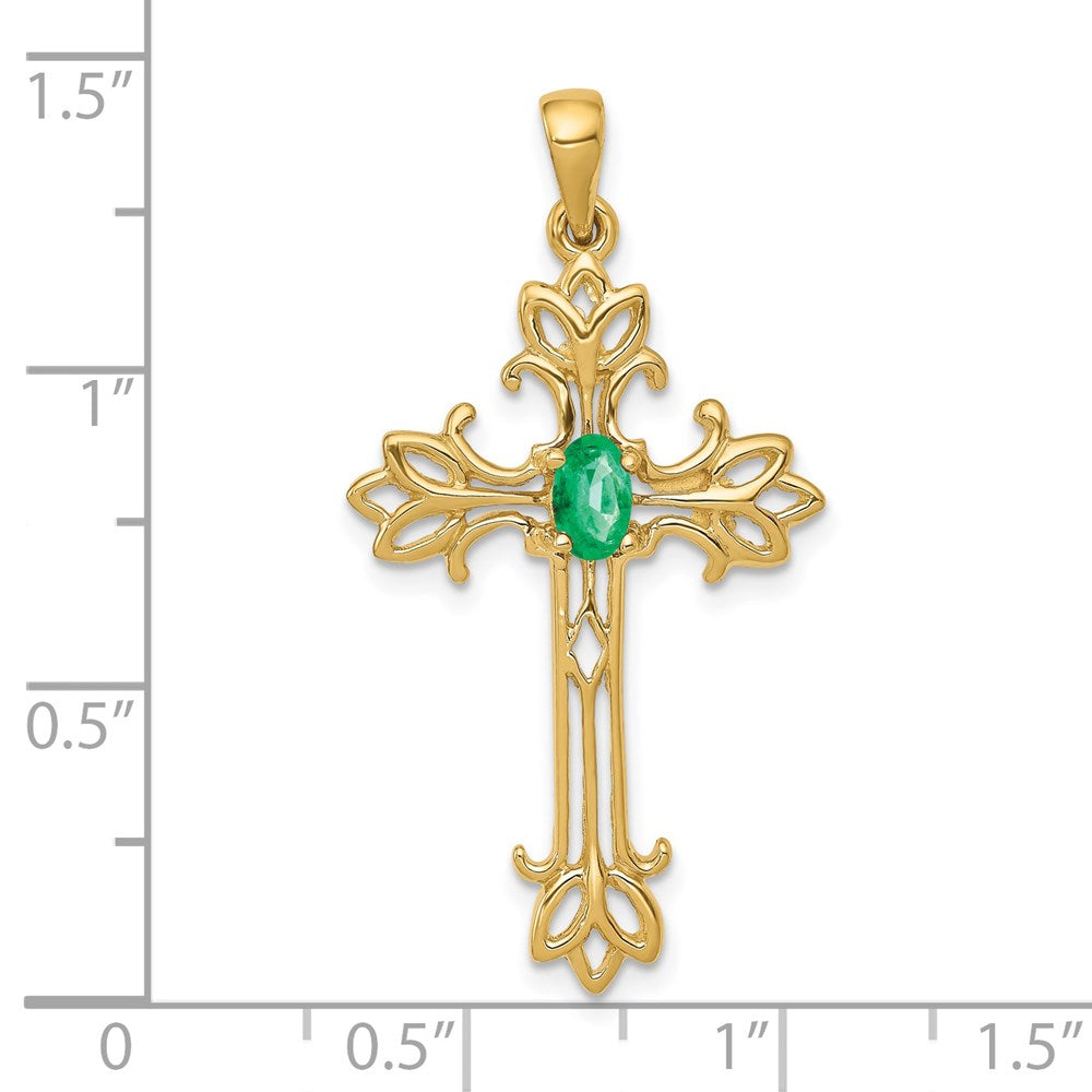 14K Yellow Gold 5x3mm Oval Emerald cross pendant