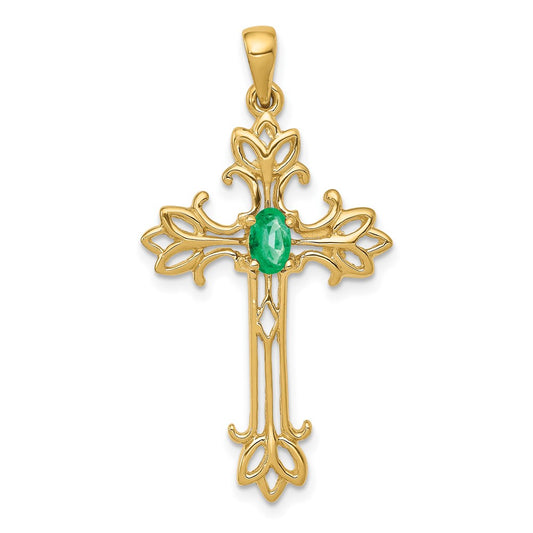 14K Yellow Gold 5x3mm Oval Emerald cross pendant