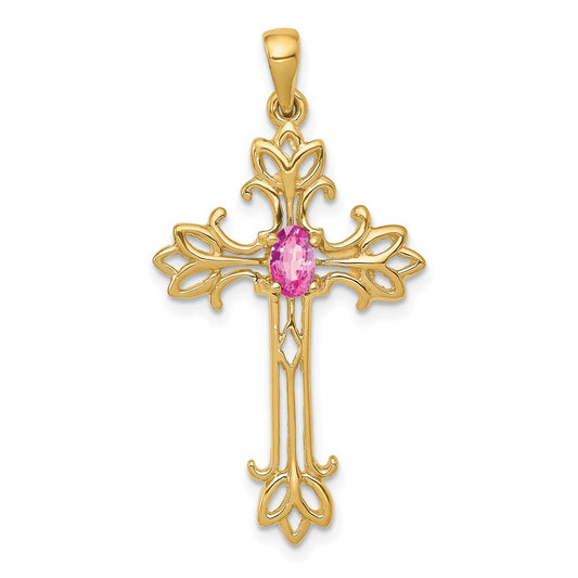 14k 5x3mm Oval Pink Sapphire cross Pendant