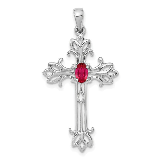 14k White Gold 5x3mm Oval Ruby cross Pendant