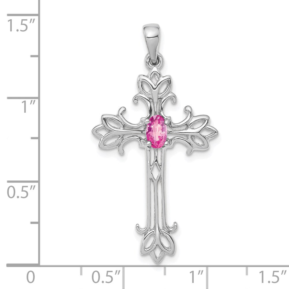 14k White Gold 5x3mm Oval Pink Sapphire cross Pendant