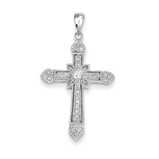 14k White Gold Filigree Real Diamond Cross Pendant