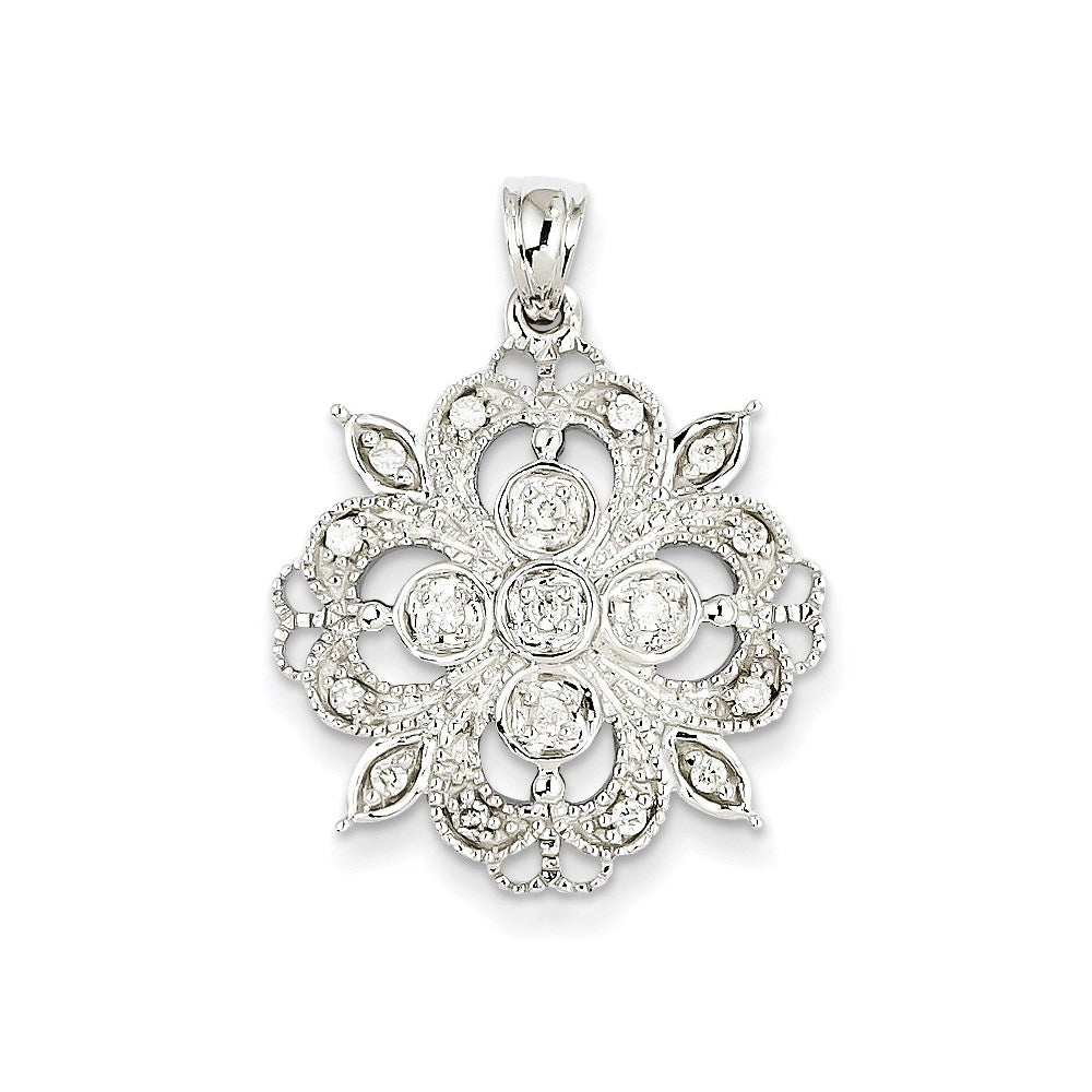 14k White Gold Filigree Real Diamond Pendant