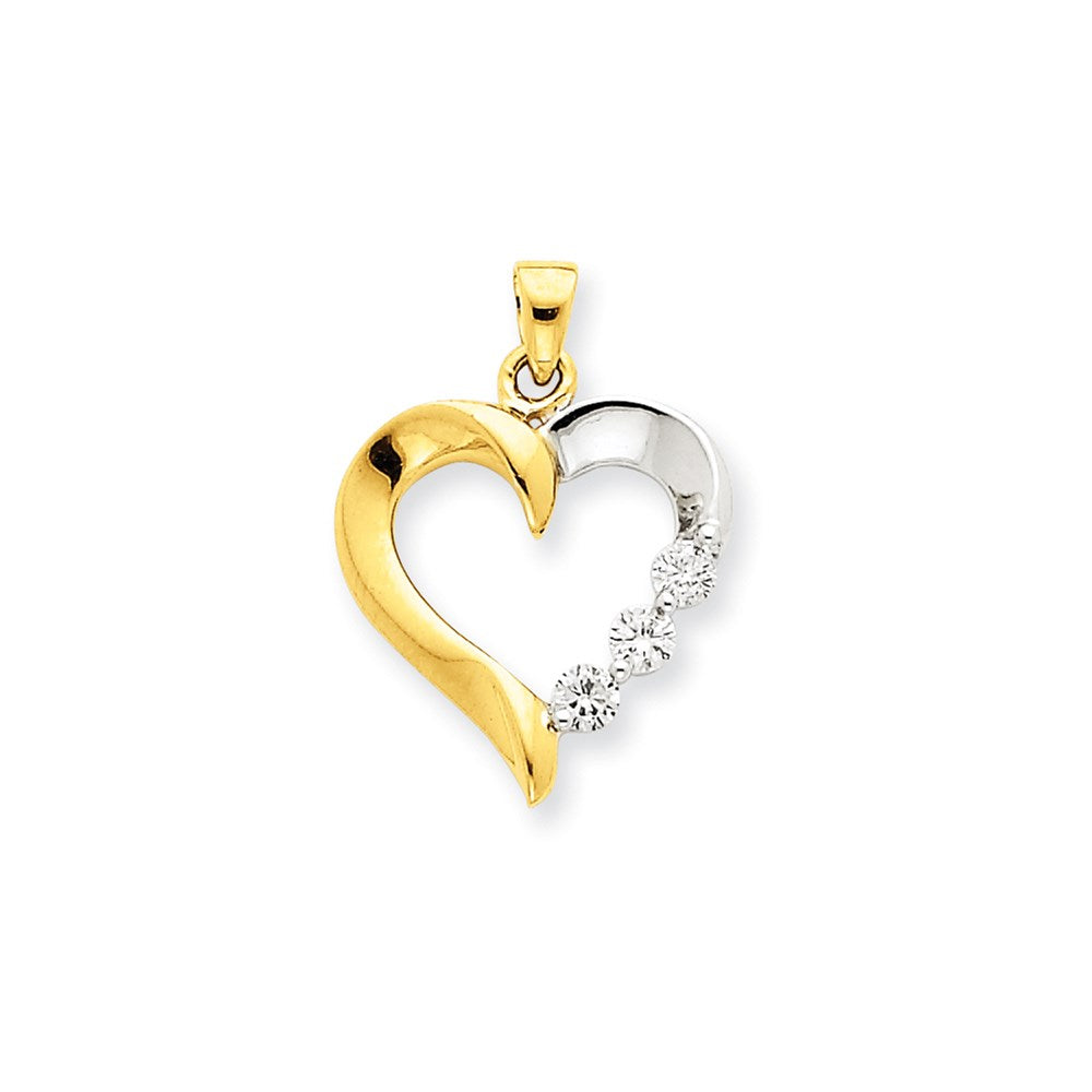 14K Yellow Gold Two-tone Three Stone Real Diamond Heart Pendant