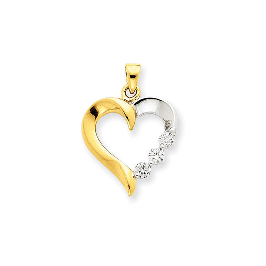 14K Yellow Gold Two-tone Three Stone Real Diamond Heart Pendant