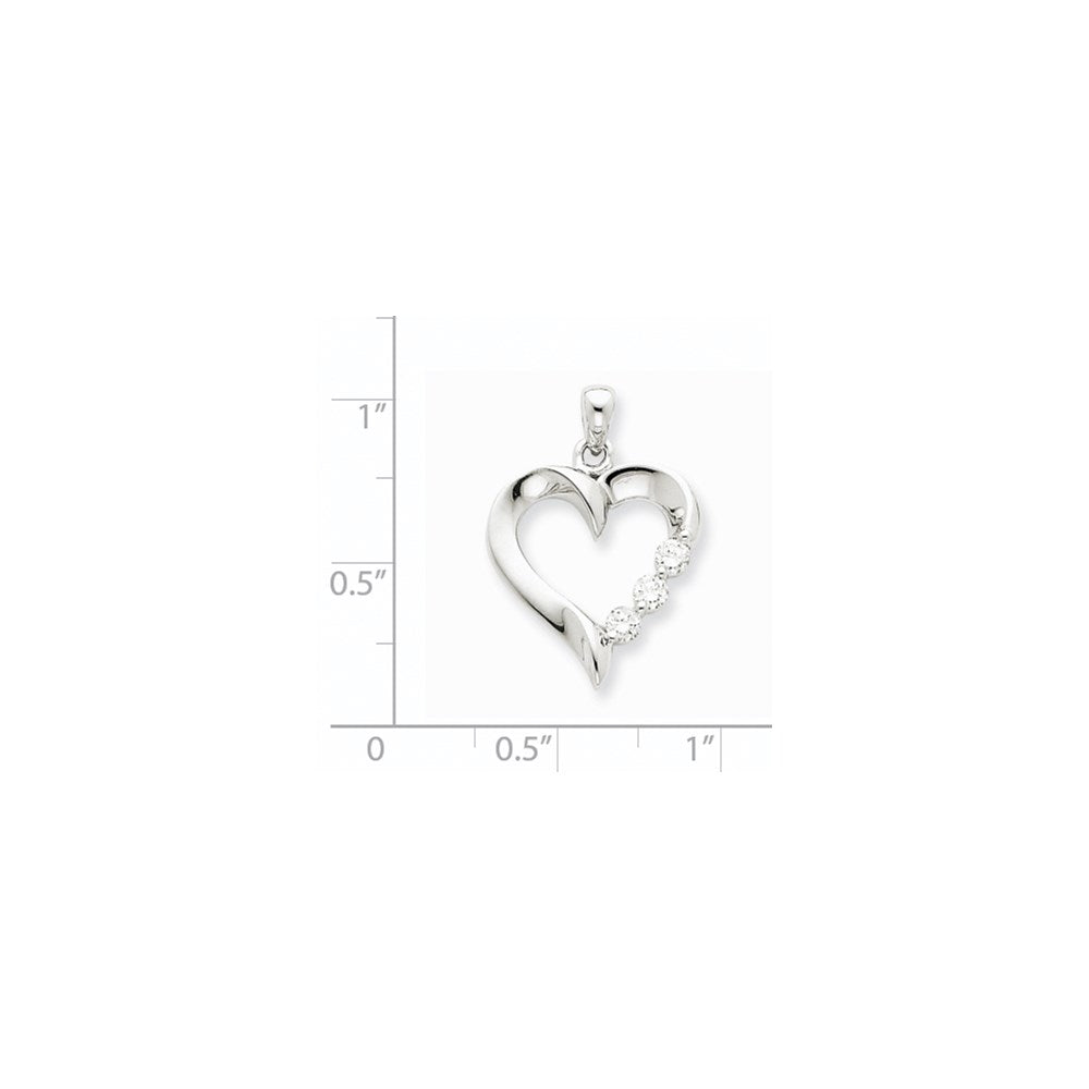 14k White Gold Three Stone Real Diamond Heart Pendant