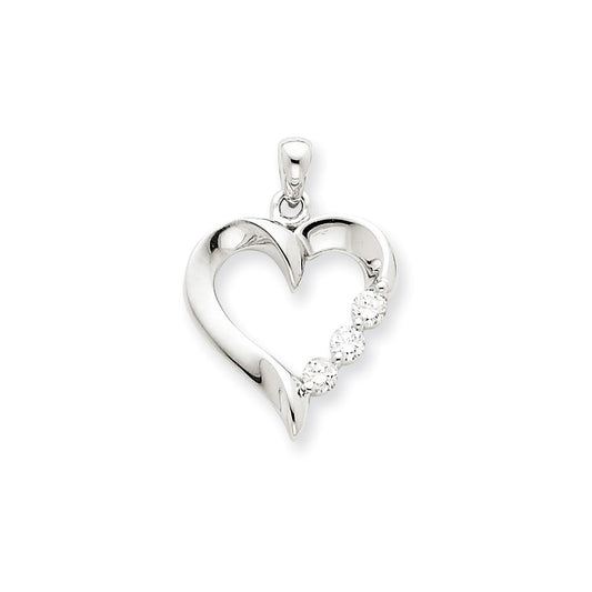 14k White Gold Three Stone Real Diamond Heart Pendant