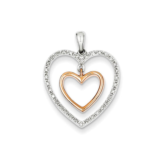 14K Yellow Gold Two-tone Double Heart Real Diamond Pendant