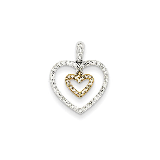 14K Yellow Gold Two-tone Real Diamond Heart within a Heart Pendant