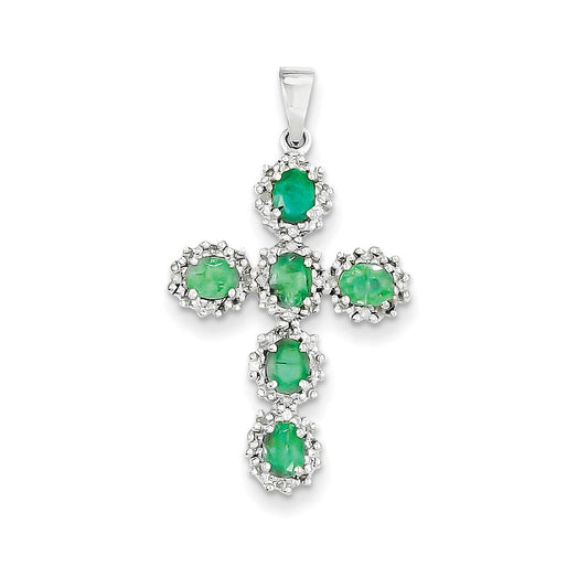 14k White Gold Real Diamond & Emerald Cross Pendant