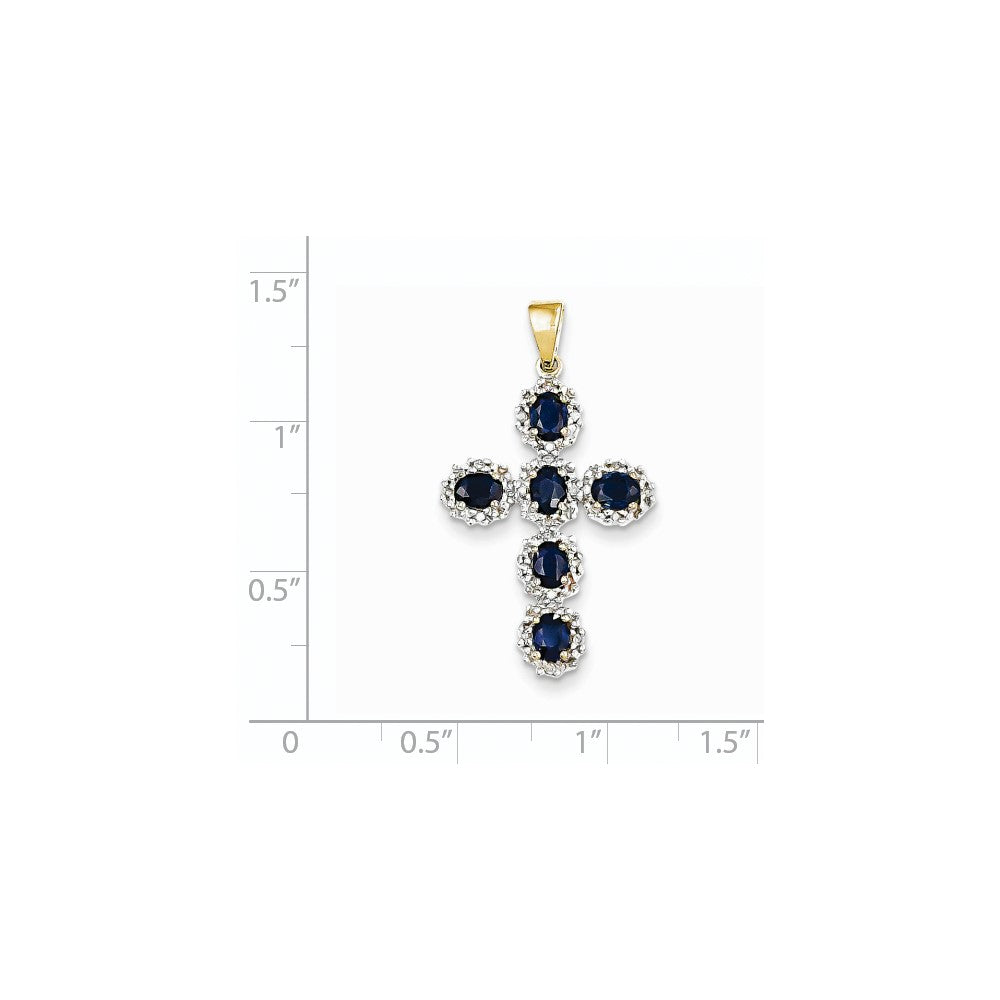 14K Yellow Gold Real Diamond & Sapphire Cross Pendant