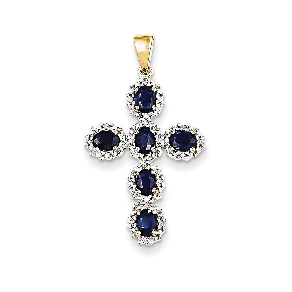 14K Yellow Gold Real Diamond & Sapphire Cross Pendant