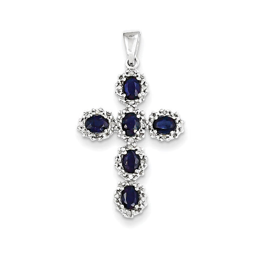 14k White Gold Real Diamond & Sapphire Cross Pendant