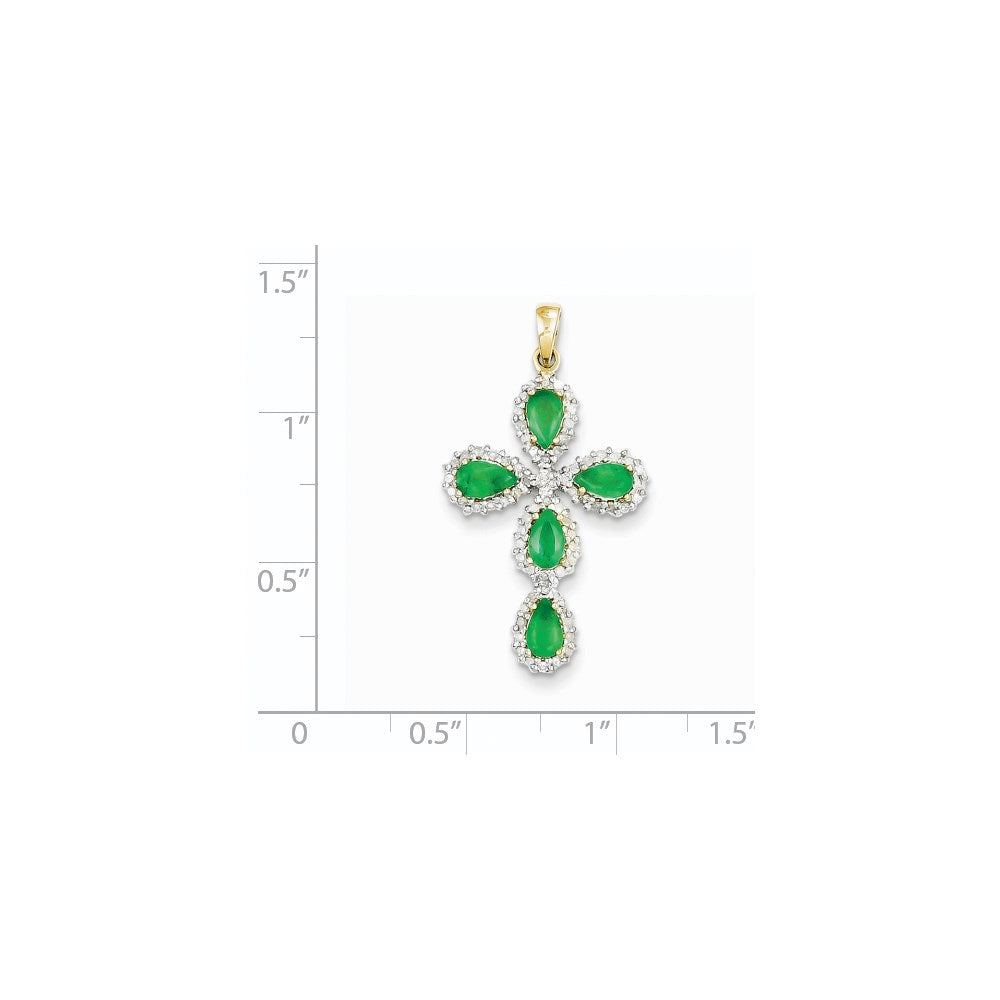 14K Yellow Gold Real Diamond & Emerald Cross Pendant