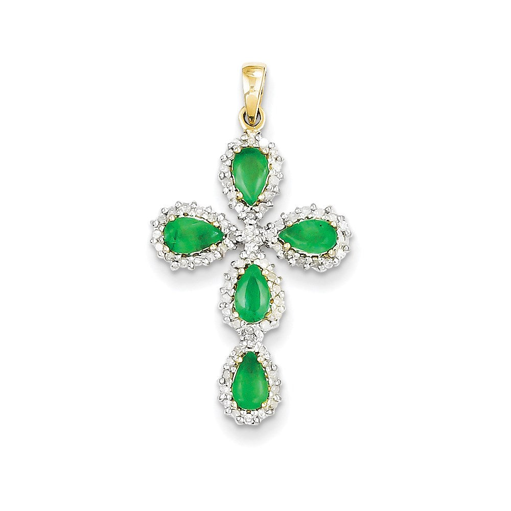 14K Yellow Gold Real Diamond & Emerald Cross Pendant