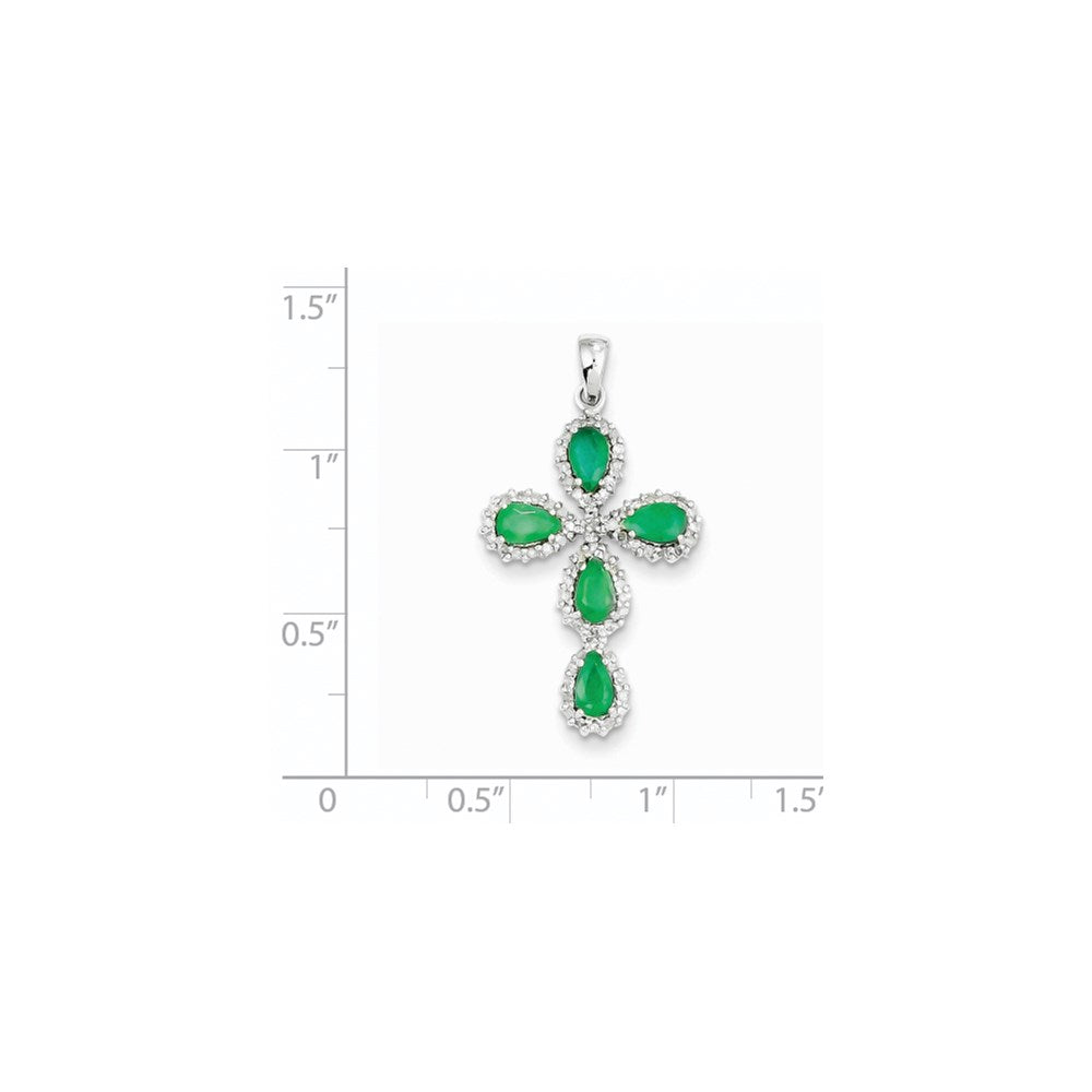 14k White Gold Real Diamond & Emerald Cross Pendant