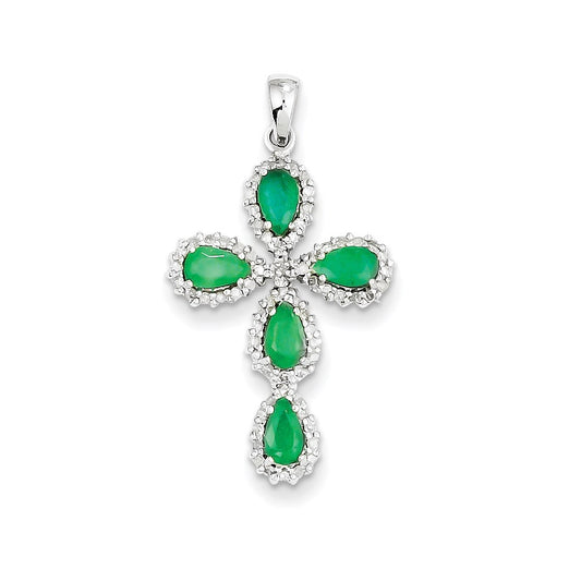 14k White Gold Real Diamond & Emerald Cross Pendant