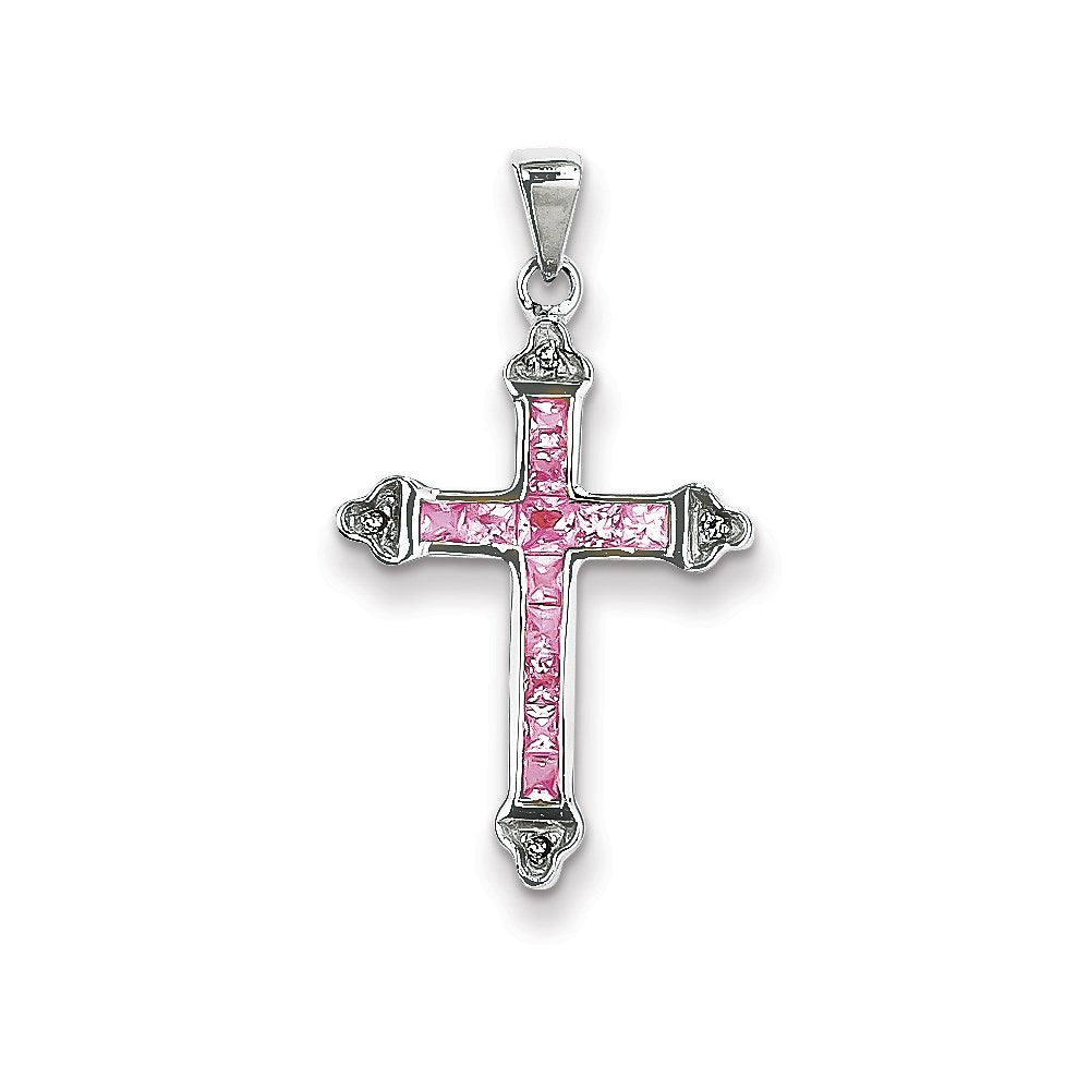 14k White Gold Diamond and Pink Sapphire Cross