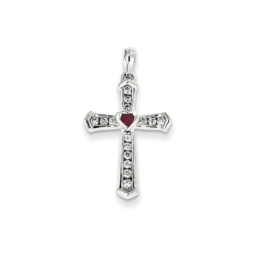 14k White Gold Ruby & Real Diamond Cross Pendant