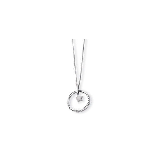 14k White Gold Real Diamond Star in Circle Pendant with 18 Chain