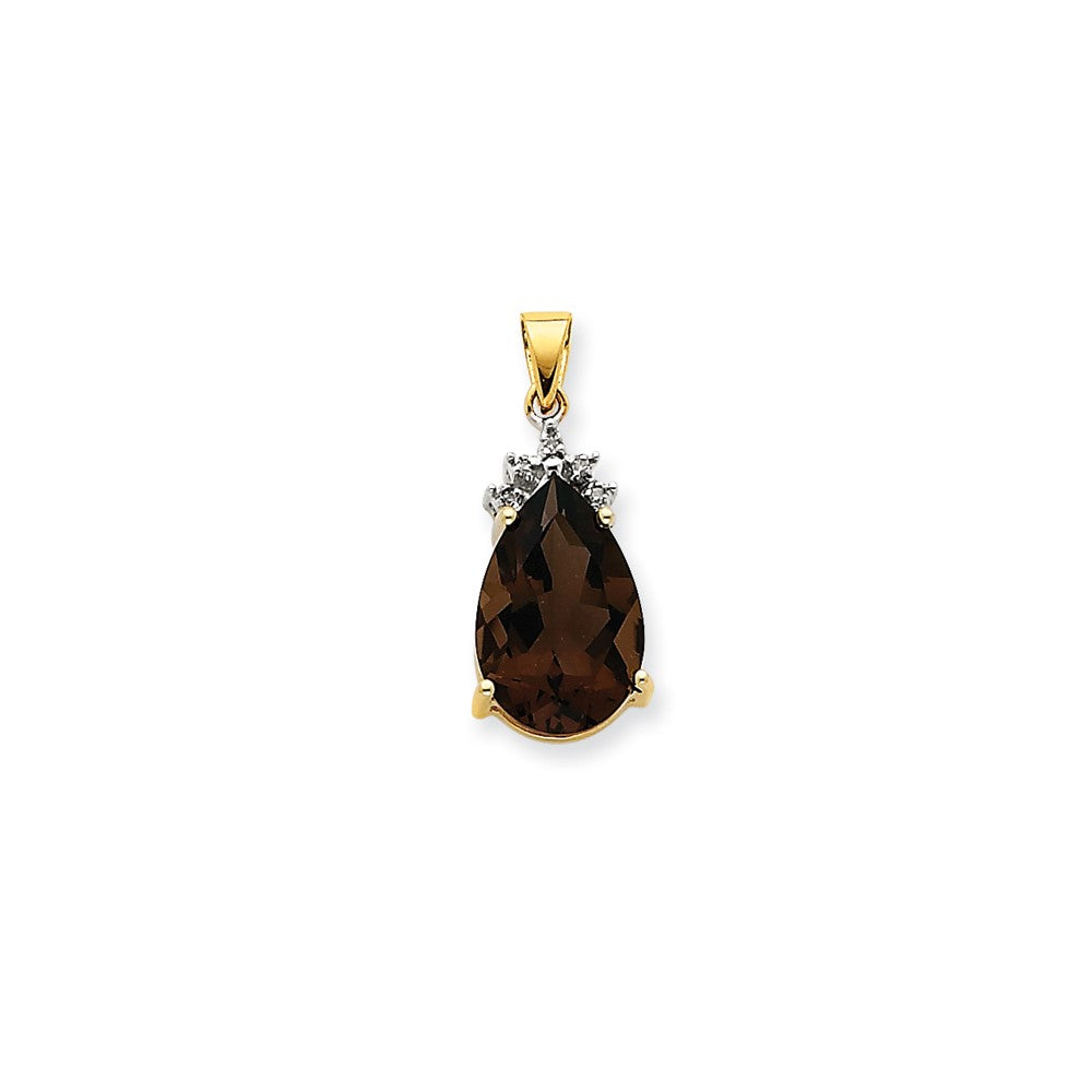 14K Yellow Gold Smokey Quartz & Real Diamond Pendant