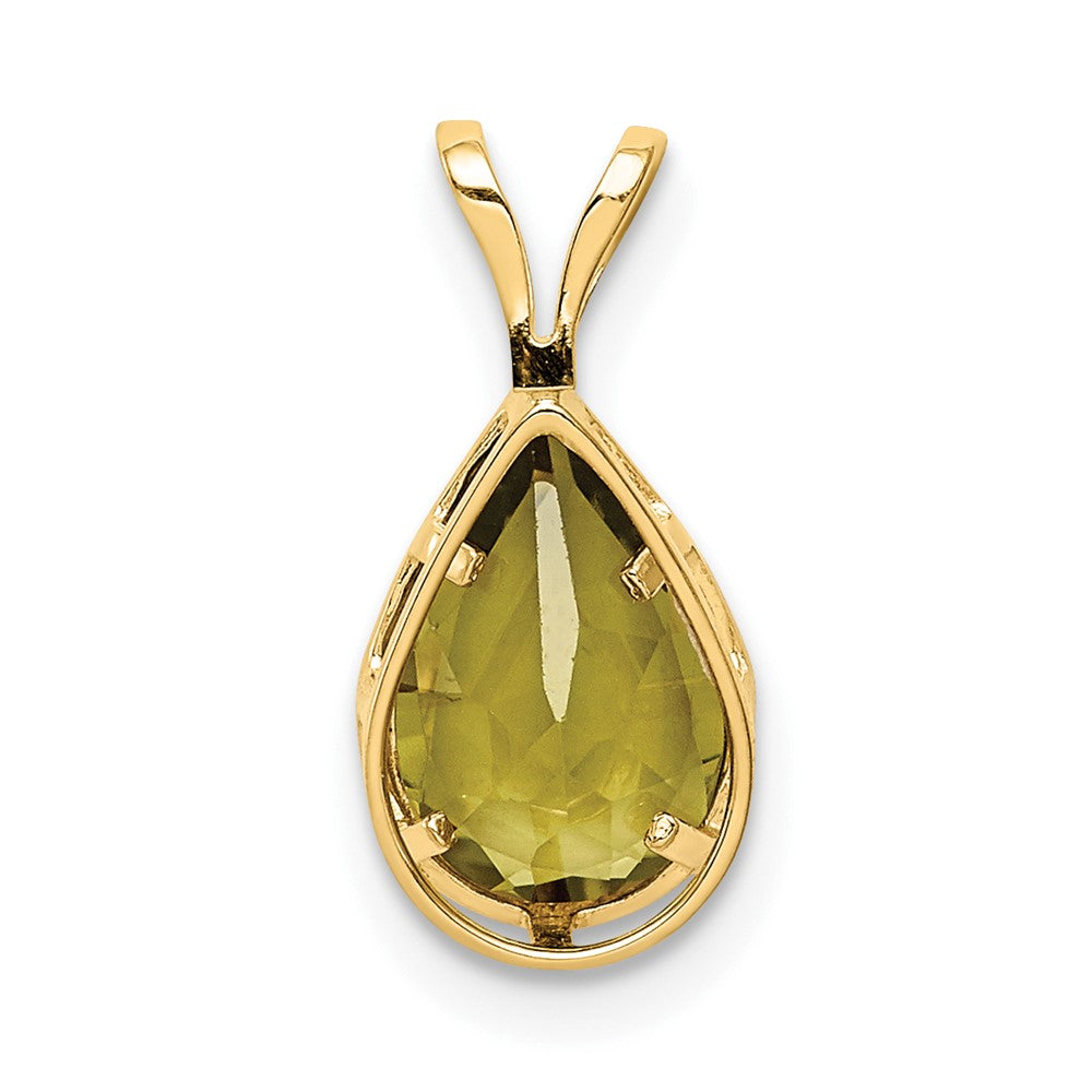 14K Yellow Gold 9x6mm Pear Peridot Checker bezel pendant