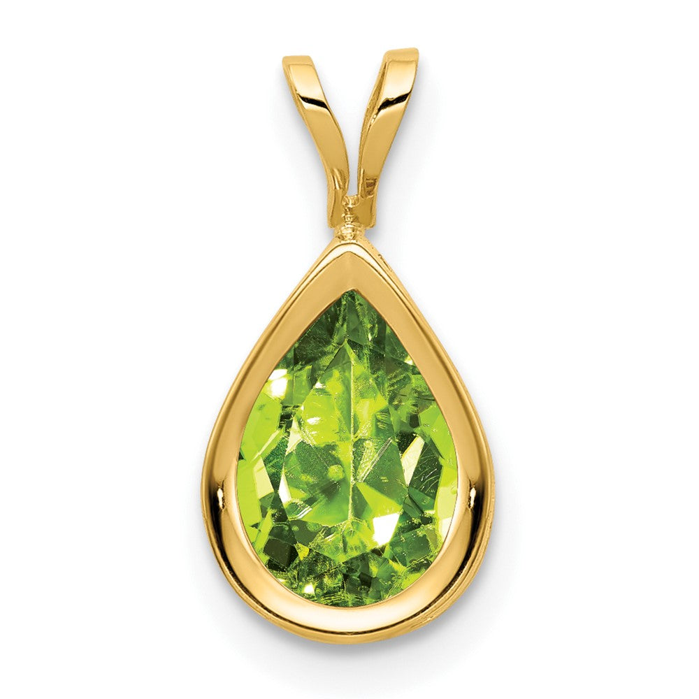 14K Yellow Gold 9x6mm Pear Peridot Checker bezel pendant