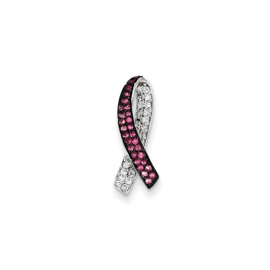 14k White Gold Real Diamond & Pink Sapphire Awareness Slide Pendant