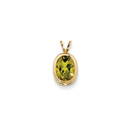 14K Yellow Gold 9x7mm Oval Peridot Checker bezel pendant