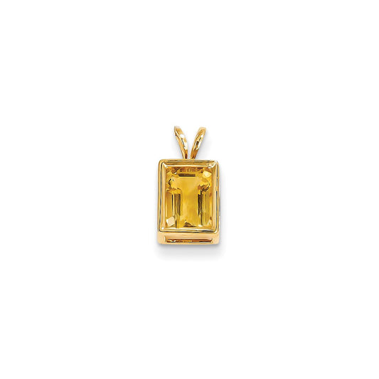 14K Yellow Gold 8x6mm Emerald Cut Citrine bezel pendant