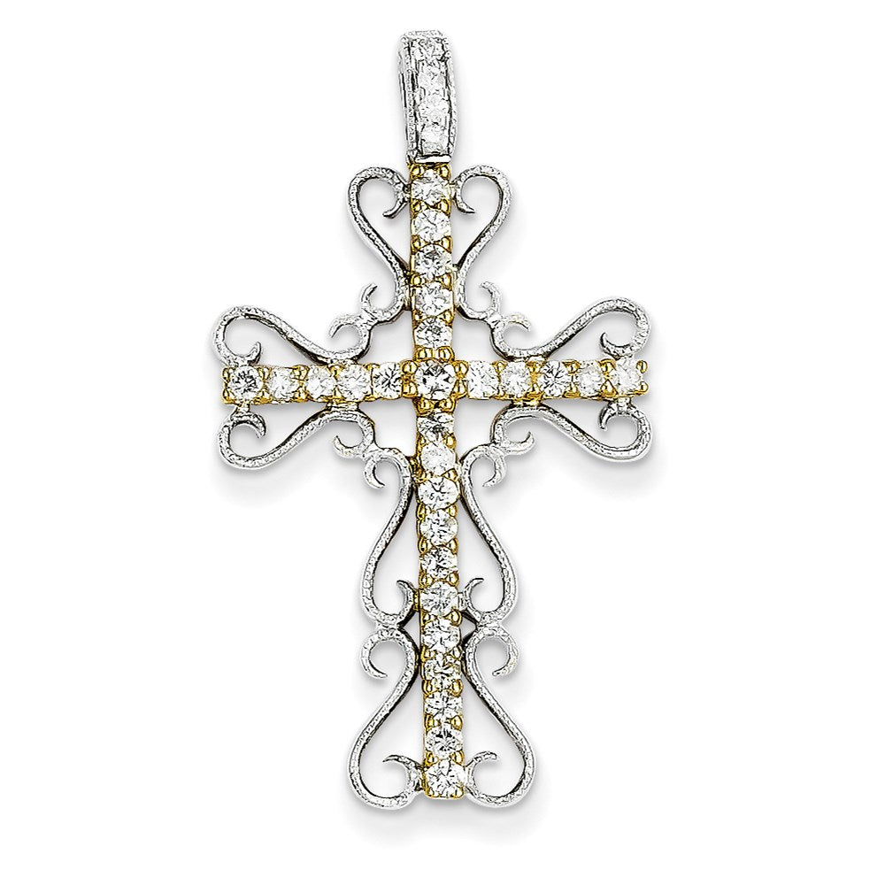 14k Two-Tone Gold Real Diamond Filigree Cross Pendant