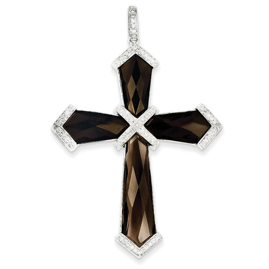 14k White Gold Diamond and Smoky Quartz Cross Pendant