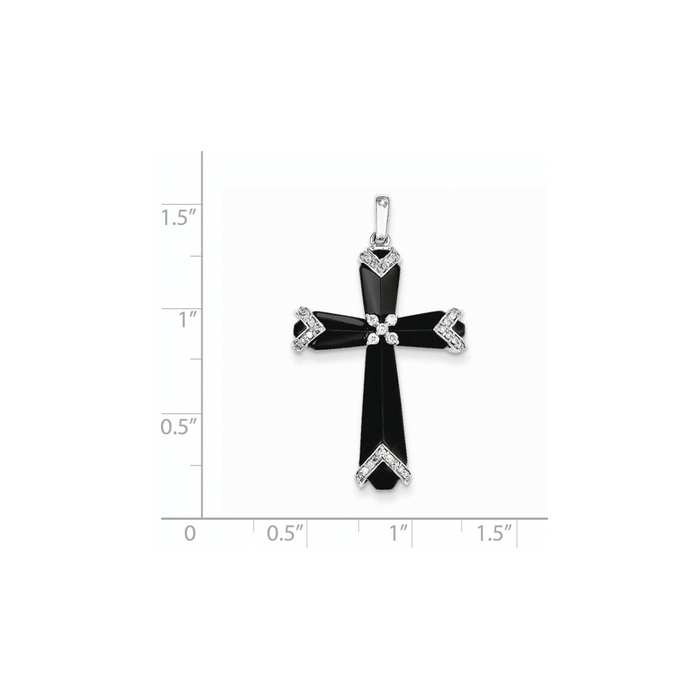 14K White Gold Black Onyx & Real Diamond Cross Pendant